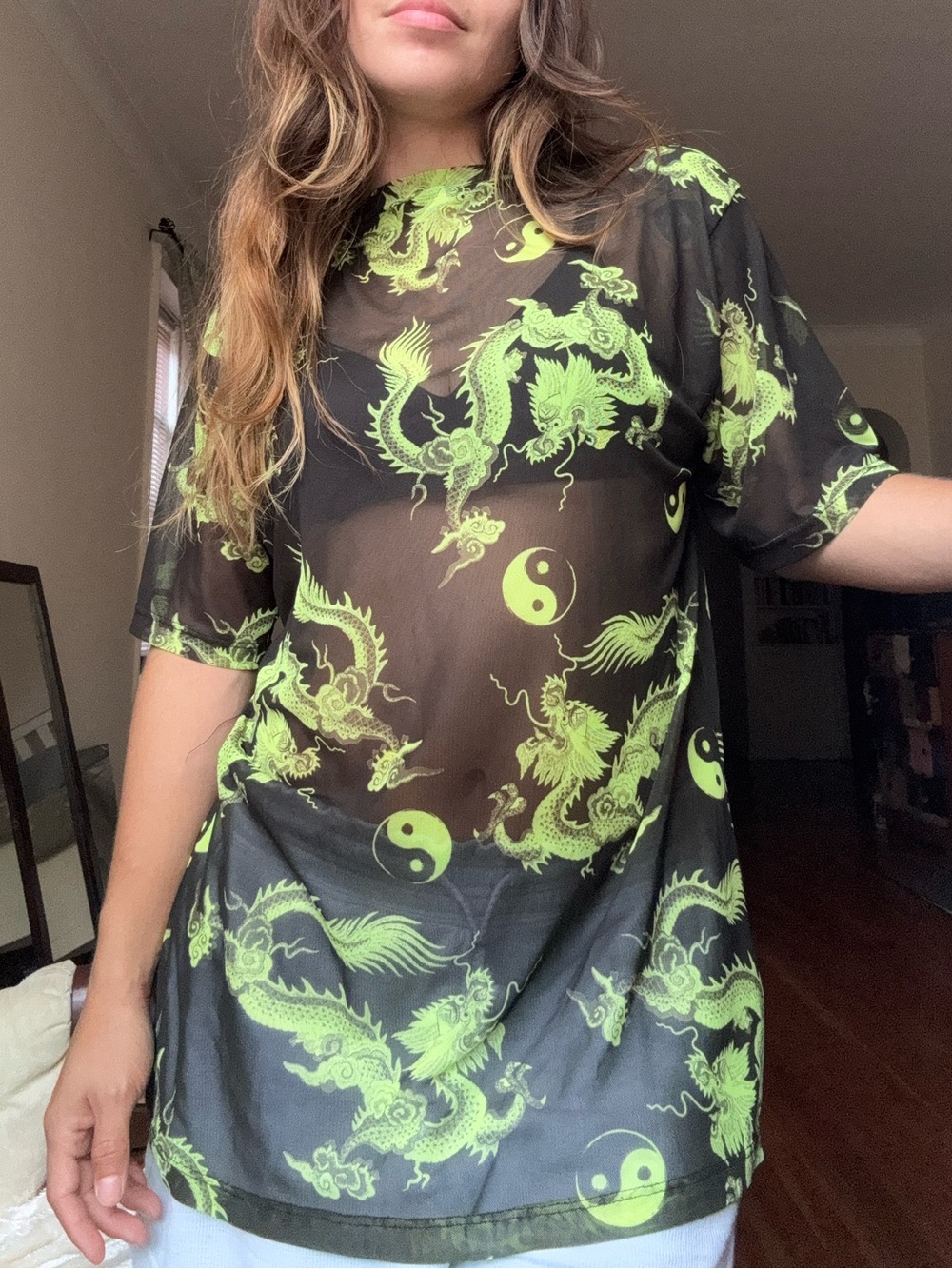 Fashion Nova Black Sheer Tee with Neon Green Dragon Print